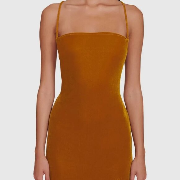 Staud Women's Velvet Bellamy Lace Up Dress Ocher - Picture 3 of 5